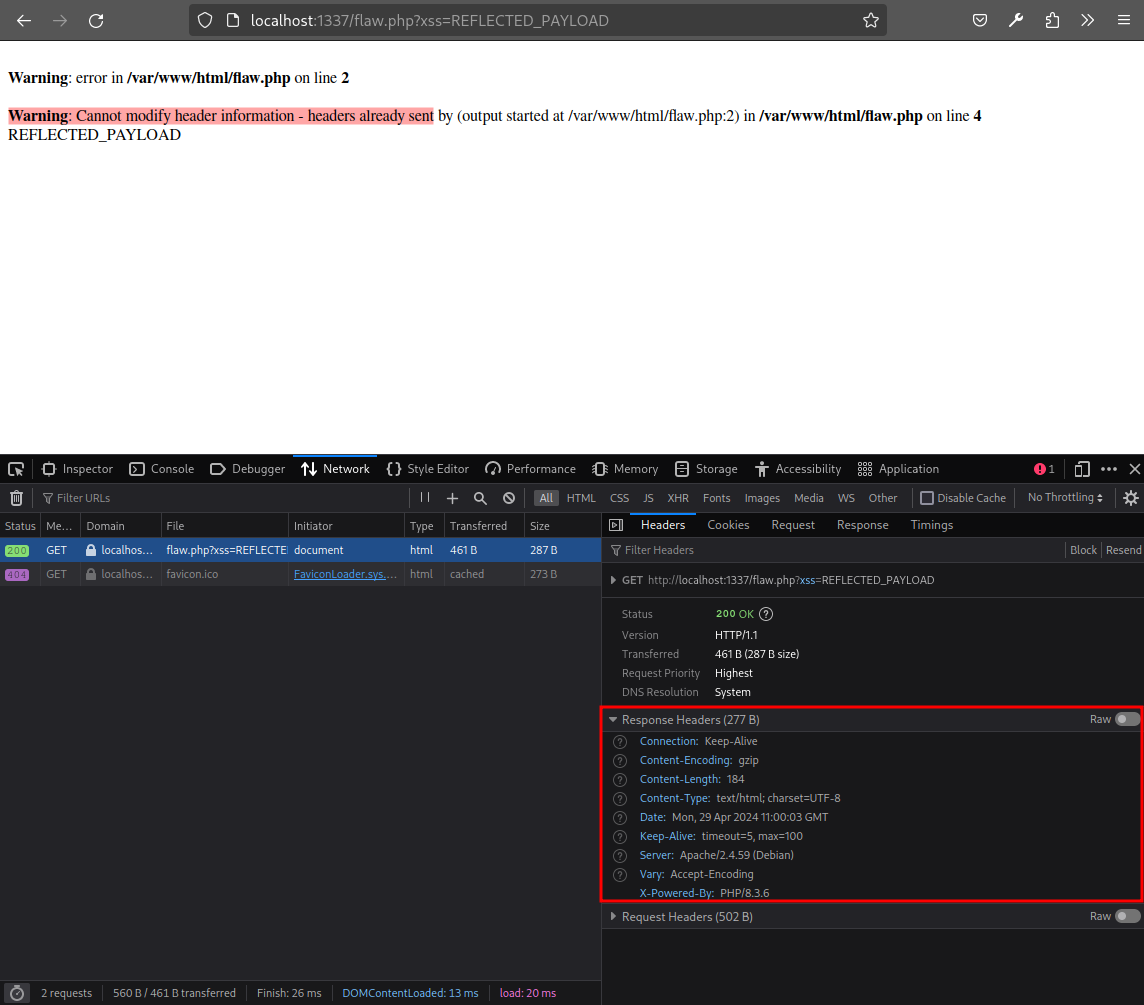 Response from local modified instance when triggering an error before the call to the header() function