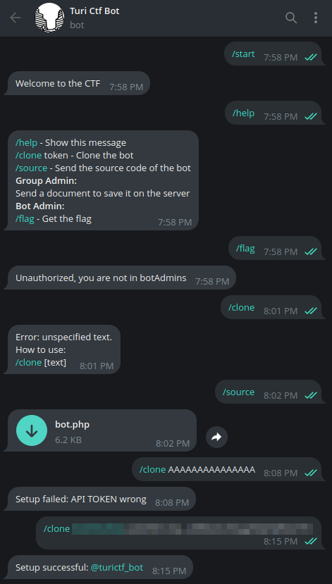 First interaction with the bot and command showcase.